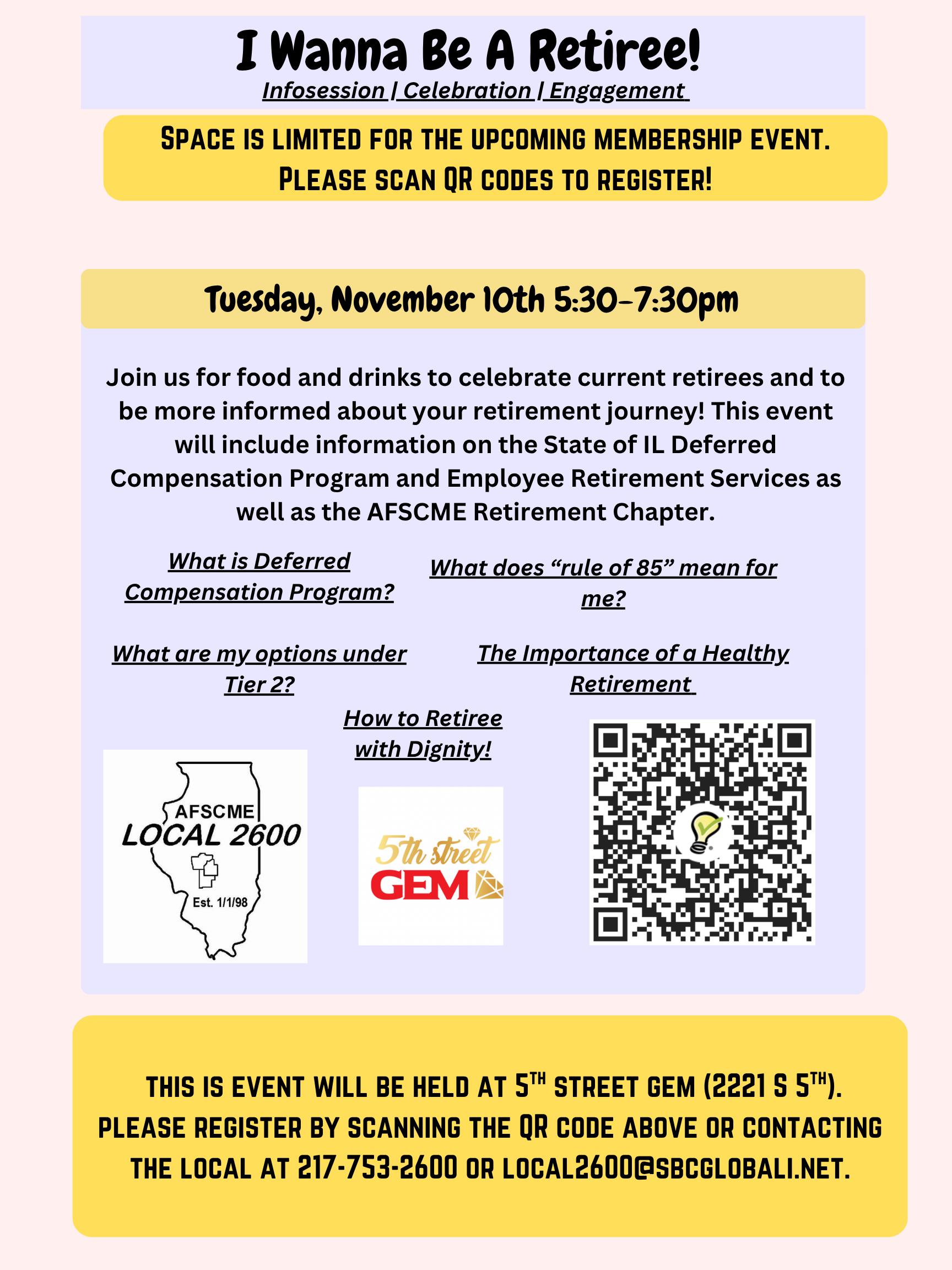 I Wanna Be a Retiree! Infosession, Celebration and Engagement flyer. Details are transcribed alongside this image.