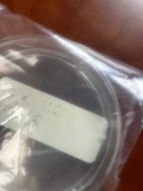 A labeled round sample dish enclosed in a clear plastic bag; dark patches are visible in the dish. The collection does not explain the test or its findings. Alternate view 10.