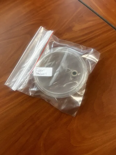 A labeled round sample dish enclosed in a clear plastic bag; dark patches are visible in the dish. The collection does not explain the test or its findings. Alternate view 13.