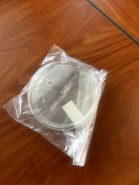 A labeled round sample dish enclosed in a clear plastic bag; dark patches are visible in the dish. The collection does not explain the test or its findings. Alternate view 14.